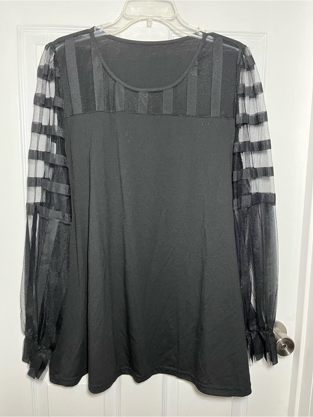 Women's Deep Black Sheer Sleeve Top - Elegant Long Sleeve Tunic
